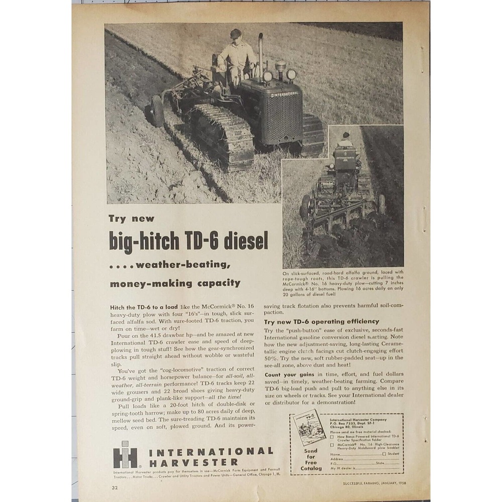 International Harvester TD-6 Diesel Crawler Tractor Magazine Advertisement 1958